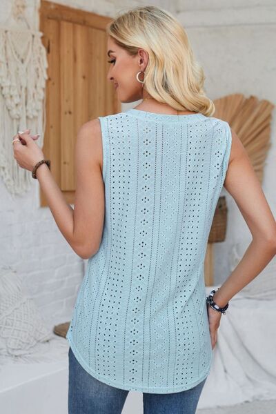 Eyelet Decorative Button V-Neck Tank - Flyclothing LLC