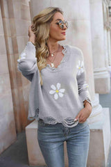 Flower Distressed Long Sleeve Sweater - Flyclothing LLC