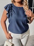 Plus Size Round Neck Flounce Sleeve Frill Trim Blouse - Flyclothing LLC