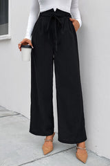 High Waist Ruched Tie Front Wide Leg Pants - Flyclothing LLC