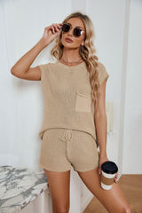 Ribbed Round Neck Pocket Knit Top and Shorts Set - Flyclothing LLC