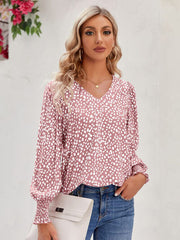 Printed V-Neck Lantern Sleeve Blouse - Flyclothing LLC