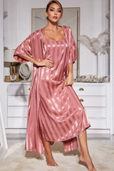 Striped Flounce Sleeve Open Front Robe and Cami Dress Set - Flyclothing LLC