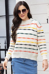 Striped Round Neck Long Sleeve Sweater - Flyclothing LLC