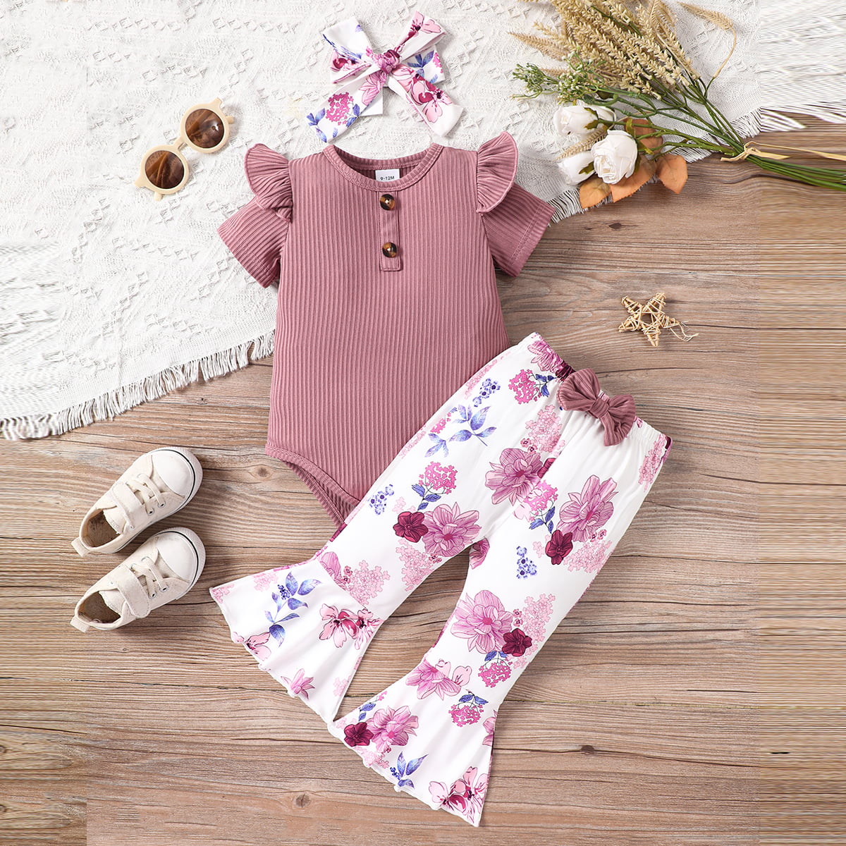 Girls Decorative Button Ribbed Bodysuit and Printed Flare Pants Set –  Flyclothing LLC