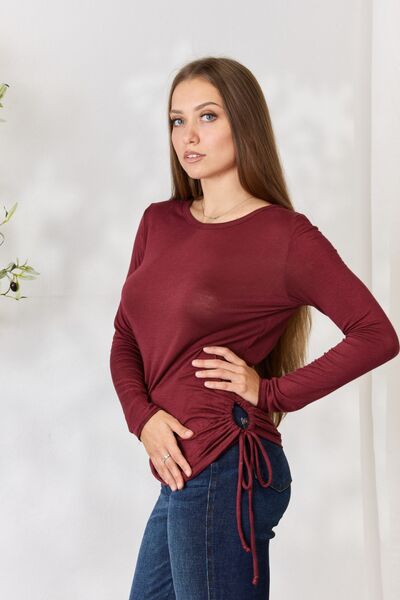 Culture Code Full Size Drawstring Round Neck Long Sleeve Top - Flyclothing LLC