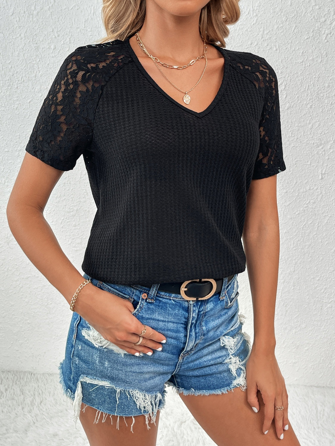 Lace Detail V-Neck Short Sleeve T-Shirt - Flyclothing LLC