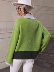 Color Block Half-Zip Dropped Shoulder Knit Pullover - Trendsi