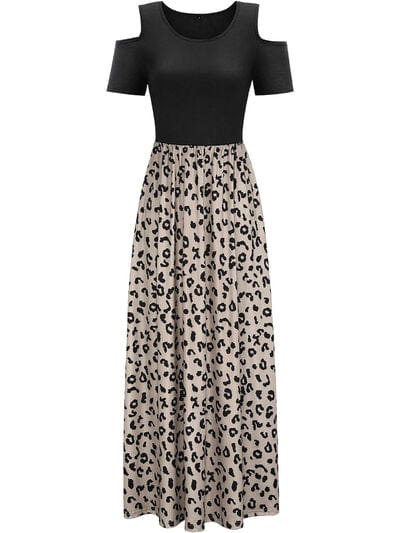 Leopard Round Neck Cold Shoulder Dress - Trendsi