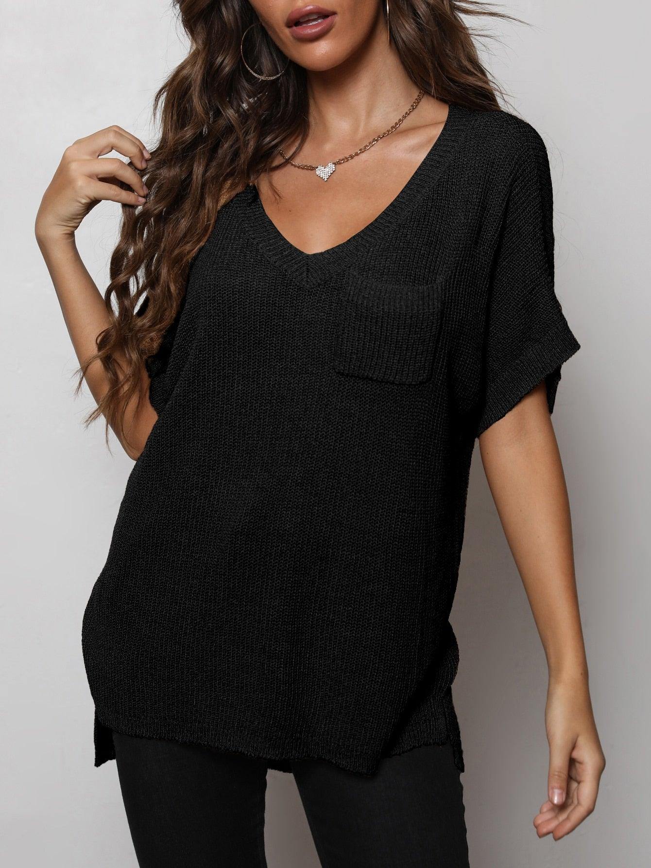 V-Neck Slit High-Low Knit Top - Flyclothing LLC