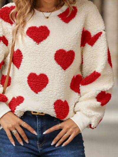 Fuzzy Heart Dropped Shoulder Sweatshirt - Flyclothing LLC