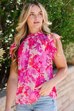 Frill Floral Mock Neck Cap Sleeve Blouse - Flyclothing LLC