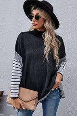 Striped Dolman Sleeve Mock Neck Knit Pullover - Flyclothing LLC