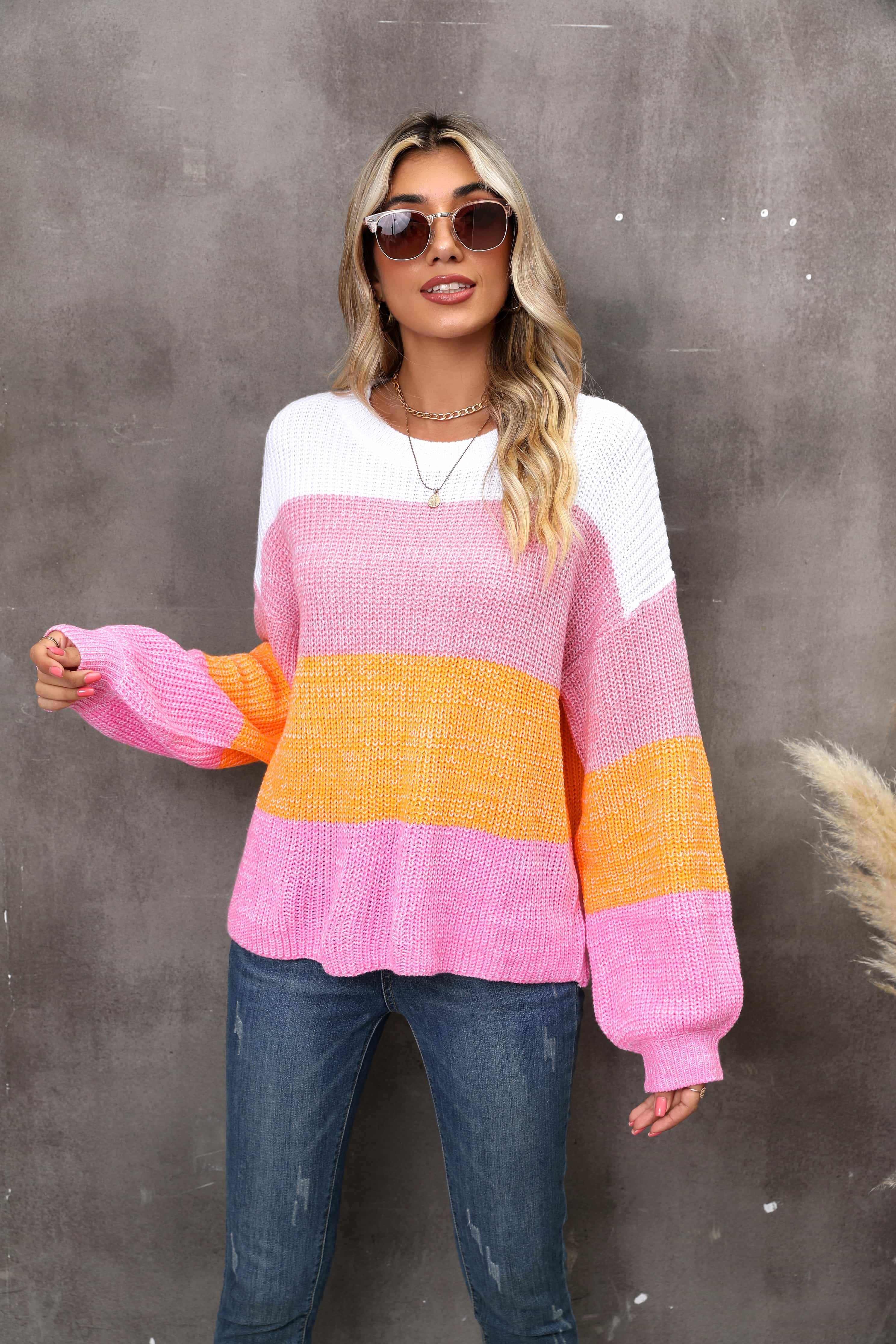 Color Block Round Neck Dropped Shoulder Sweater - Trendsi