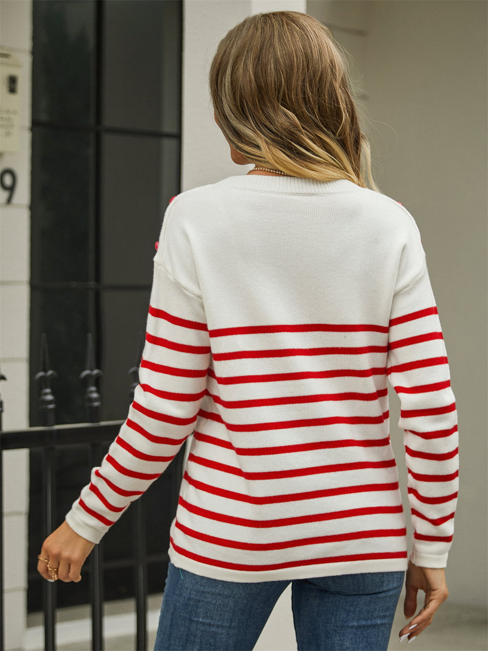 Round Neck Shoulder Button Striped Pullover Sweater - Flyclothing LLC