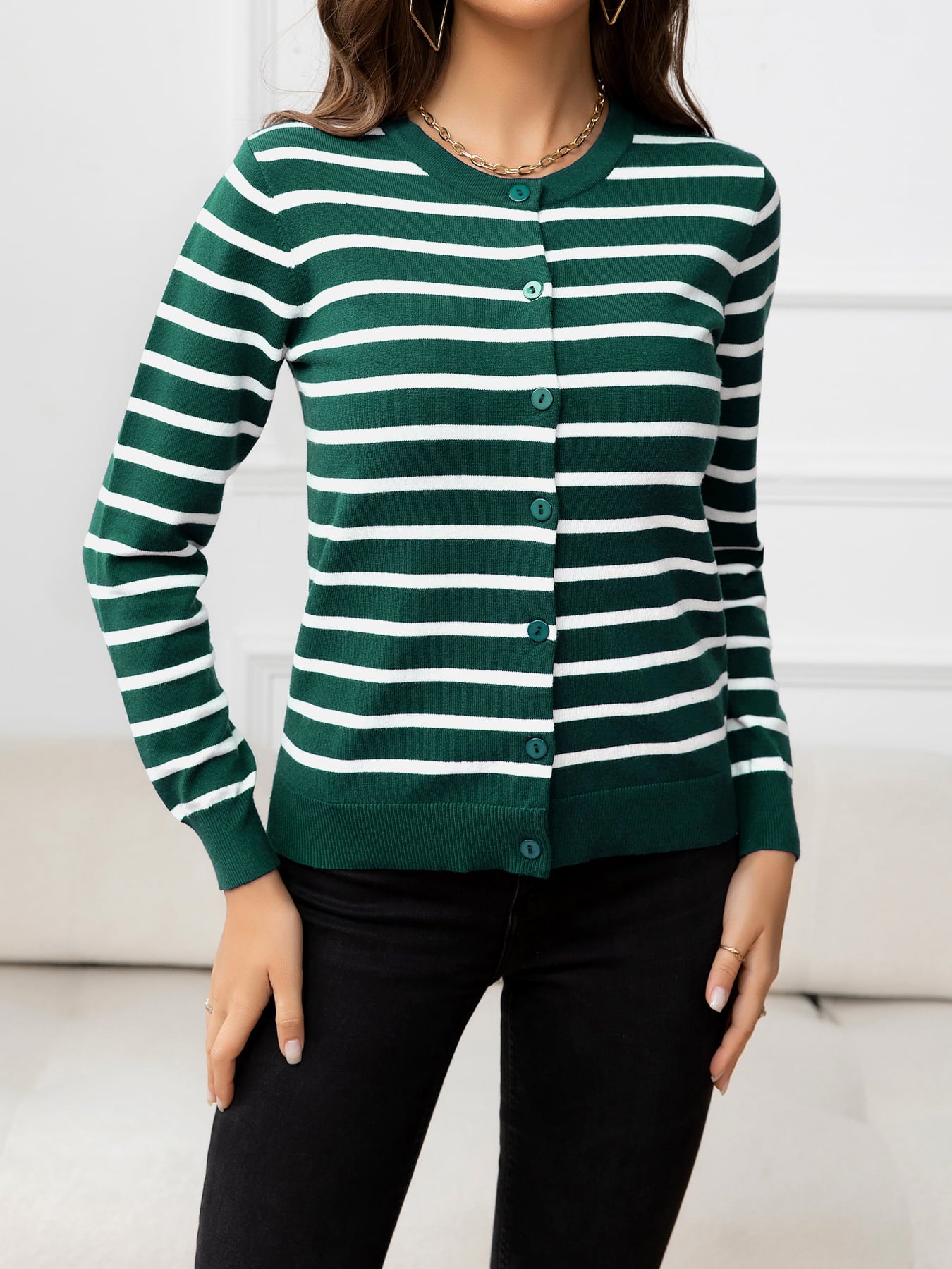 Striped Round Neck Long Sleeve Buttoned Knit Top - Flyclothing LLC