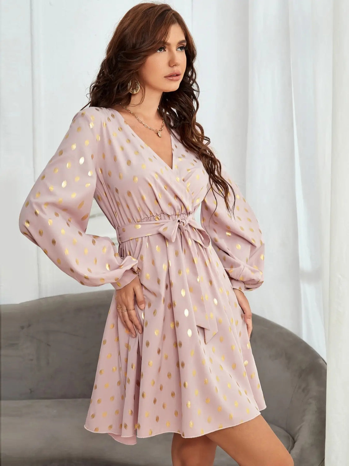 Tied Printed Surplice Long Sleeve Dress - Flyclothing LLC