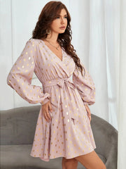 Tied Printed Surplice Long Sleeve Dress - Flyclothing LLC