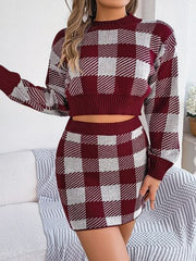 Plaid Round Neck Top and Skirt Sweater Set - Flyclothing LLC