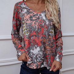 Printed V-Neck Long Sleeve Blouse - Flyclothing LLC