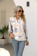 Printed Tie Neck Flounce Sleeve Blouse - Flyclothing LLC