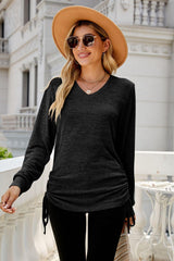 Heathered Drawstring V-Neck Top - Trendsi