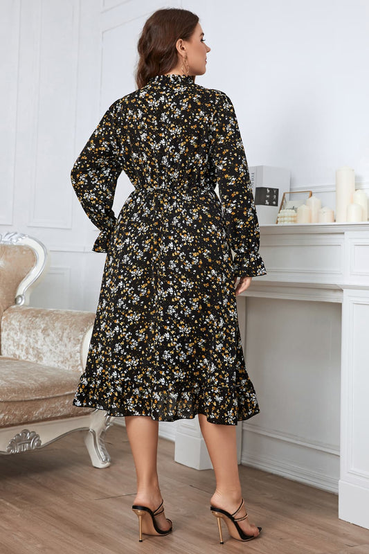 Plus Size Floral Flounce Sleeve Midi Dress - Flyclothing LLC