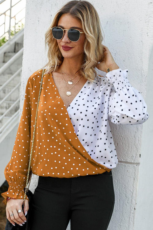 Polka Dot Surplice Neck Lantern Sleeve Blouse - Flyclothing LLC