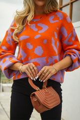 Leopard Round Neck Dropped Shoulder Sweater - Flyclothing LLC