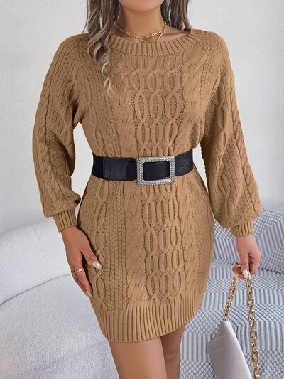 Cable-Knit Round Neck Sweater Dress - Flyclothing LLC