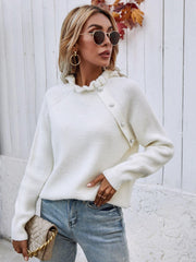 Button Detail Frill Neck Rib-Knit Sweater - Trendsi