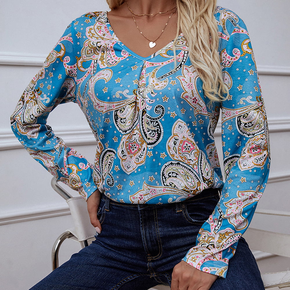 Printed V-Neck Long Sleeve Blouse - Flyclothing LLC