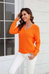 Ribbed V-Neck Dropped Shoulder Knit Top - Flyclothing LLC