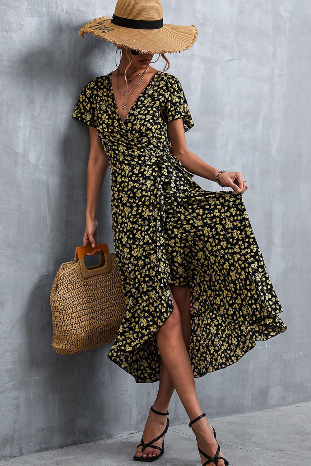 Floral Surplice Neck Tied Midi Dress - Flyclothing LLC