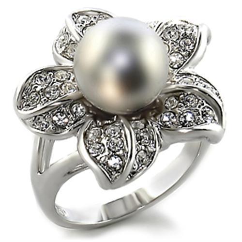 Alamode Rhodium Brass Ring with Synthetic Pearl in Gray - Flyclothing LLC