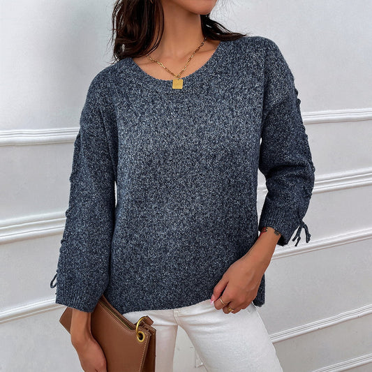 Round Neck Dropped Shoulder Sweater - Flyclothing LLC