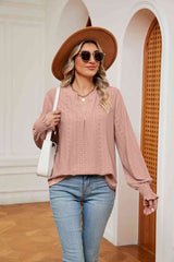 Notched Neck Flounce Sleeve Blouse - Flyclothing LLC