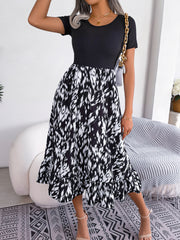 Printed Round Neck Ruffle Hem Dress - Flyclothing LLC