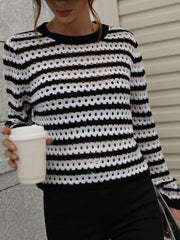 Striped Openwork Long-Sleeve Knit Pullover - Flyclothing LLC