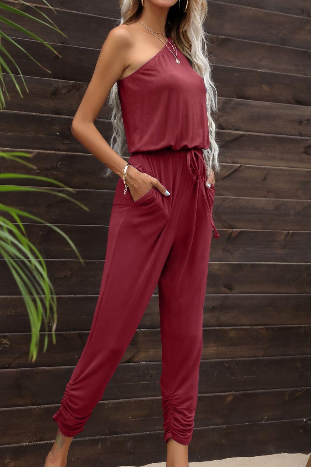 Drawstring Waist One-Shoulder Jumpsuit with Pockets - Flyclothing LLC