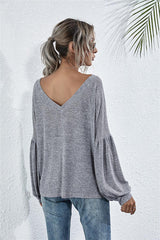 V-Neck Long Sleeve Dropped Shoulder Knit Top - Flyclothing LLC