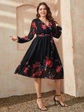 Plus Size Floral Surplice Neck Tie Waist Dress - Trendsi