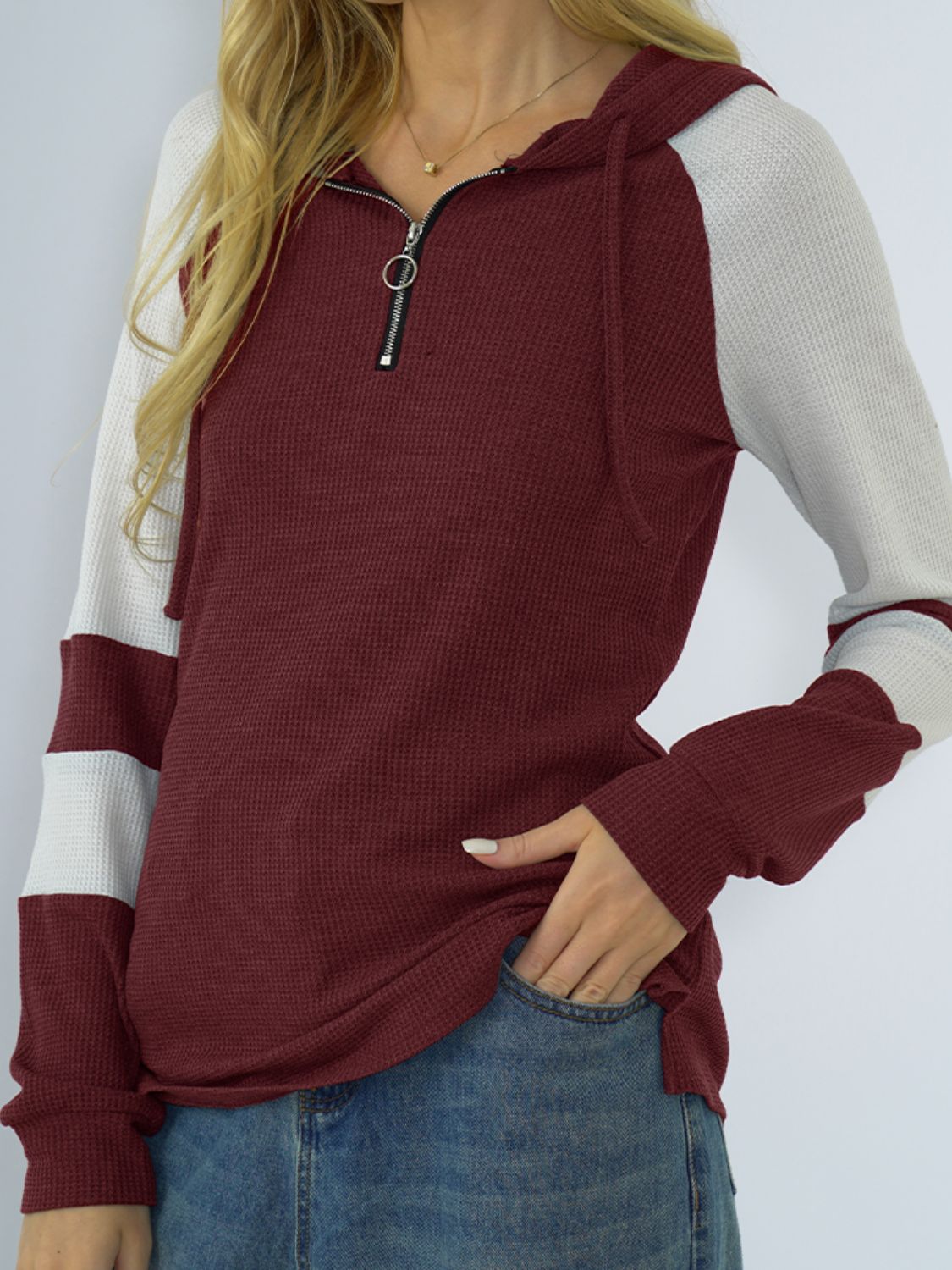 Waffle-knit Raglan Sleeve Zipper Front Hoody - Flyclothing LLC