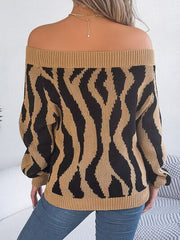 Off-Shoulder Animal Print Long Sleeve Sweater - Flyclothing LLC