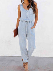 Drawstring Waist Sleeveless Jumpsuit - Flyclothing LLC