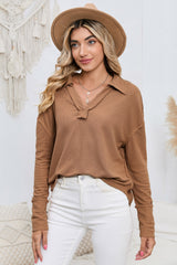 Lapel Collar Dropped Shoulder Blouse - Flyclothing LLC