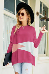 Color Block Round Neck Side Slit Sweater - Trendsi