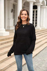 Round Neck Openwork Long Sleeve Pullover Sweater - Flyclothing LLC