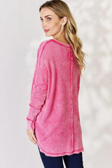 Zenana Oversized Washed Waffle Long Sleeve Top - Flyclothing LLC