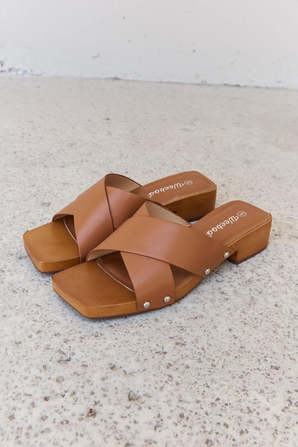 Weeboo Step Into Summer Criss Cross Wooden Clog Mule in Brown - Flyclothing LLC